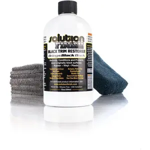 - Solution Finish Full Installation Kit - Enriche, Condition, Protect; Black Plastic Trim Restorer (12oz) + 2 Microfiber Towels + Applicator Sponge + Gloves