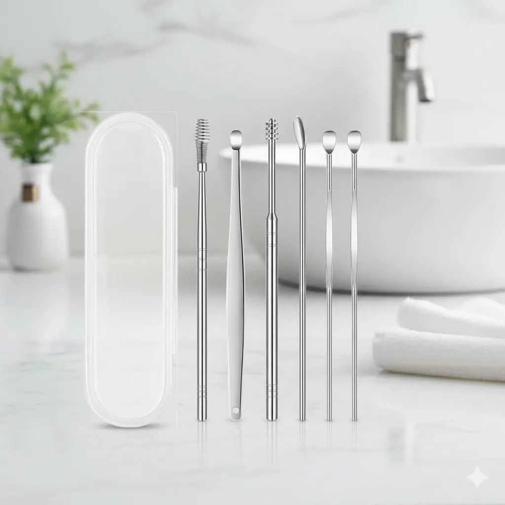 6-Pack Ear Wax Removal Tool Kit, Stainless Steel Ear Pick Set with Anti-Slip Handle, Safe Ear Cleaning Scoop for Ear Care, Gentle Earwax Remover Spoon for Adults & Kids.