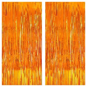 Shiny Orange Fringe Backdrop Curtain - 3.2x8 Ft, 2 Pack | Foil Orange Streamers for Party & Basketball Decor