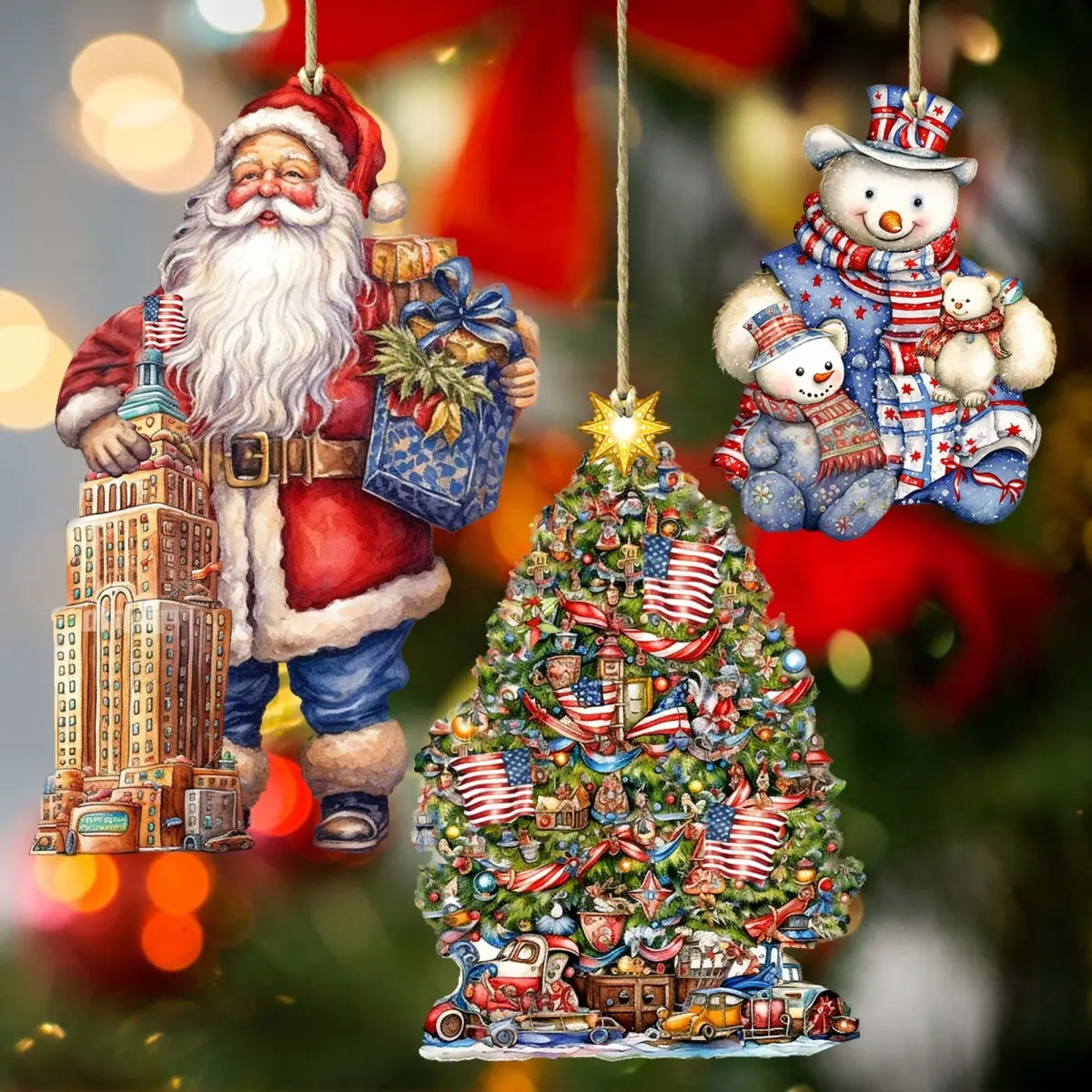 Designocracy 8091301S3 Handmade Whimsical UV-Coated American Santa-Claus Wooden Ornaments (4.5x3 in), Set of 3 - Christmas Tree Decor, Holiday Cultural Icon Gift Item with Gift Bag & Story Card