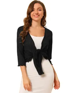 INSPIRE CHIC Open Front Knit Cardigan Tied 3/4 Sleeve Bolero Shrug