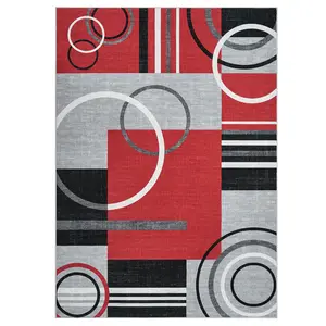 6x9 ft Polyester Fiber Geometric Pattern Rug, Modern Decorative Durable Machine Washable Foldable Red Rectangular Rug for Multi-Room Use (Hallway, Bathroom)
