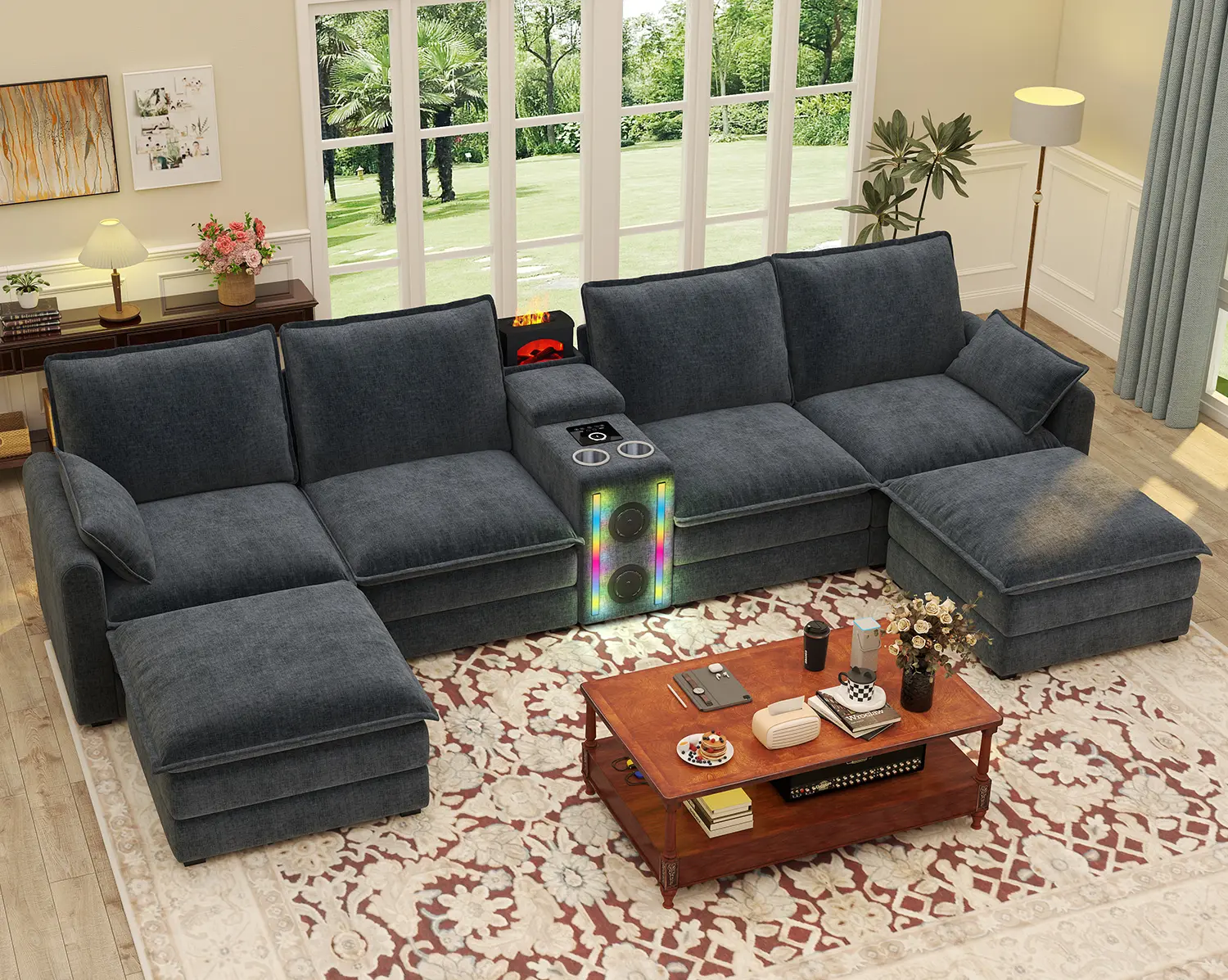 [4 Packages] Chenille Modular Sectional Sofa with Storage, Convertible L/U‑Shape Couch,141 Inches,Deep Seats,Sturdy Frame Construction,Adjustable Arms,Built‑in LED Lights,Stereo Speaker,Humidifier & Wireless Charging,Lounge Sofa for Living Room