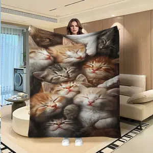 Furry Healing Moments Blanket Surrounded by Kittens, Creative Digital Print Fleece Throw for Thanksgiving, Valentine's Day & Christmas Gifts, Cozy Home Decor for Sofa Bed and Outdoor Use