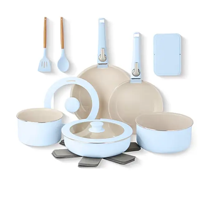 Gotham Steel Ceramic 18-Pc Cookware Set with Detachable Handles, Nonstick Pots and Pans, Space Saving Stackable Set, Fry Pan, Skillet, Saucepans, Saute Pan, Glass Lids, Storage Lids, Induction Gas Electric Cookware, Kitchen Set