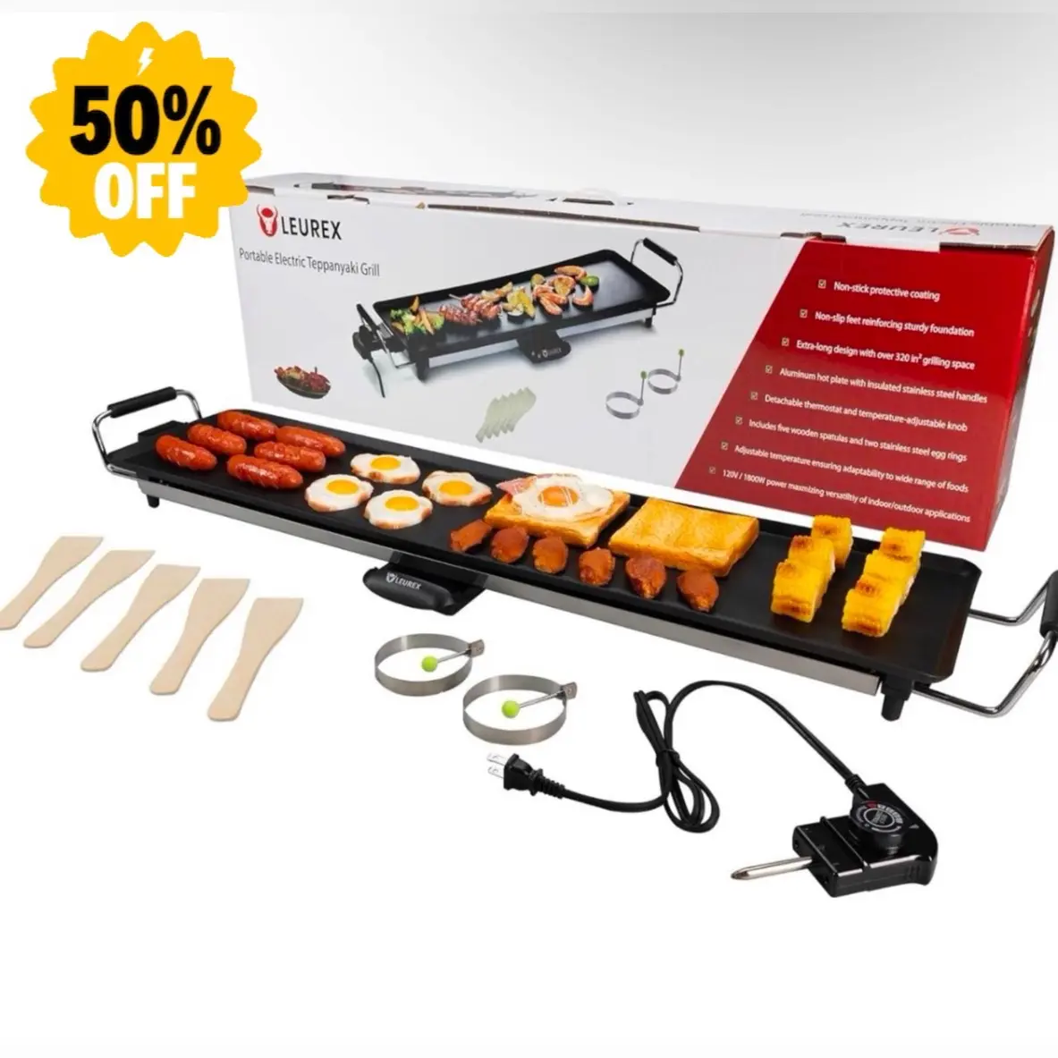 Leurex Electric Griddle 36 inch Teppanyaki Grill BBQ Smokeless Portable Nonstick Alloy Steel 1800W Even Heating Indoor Outdoor Cooking Set