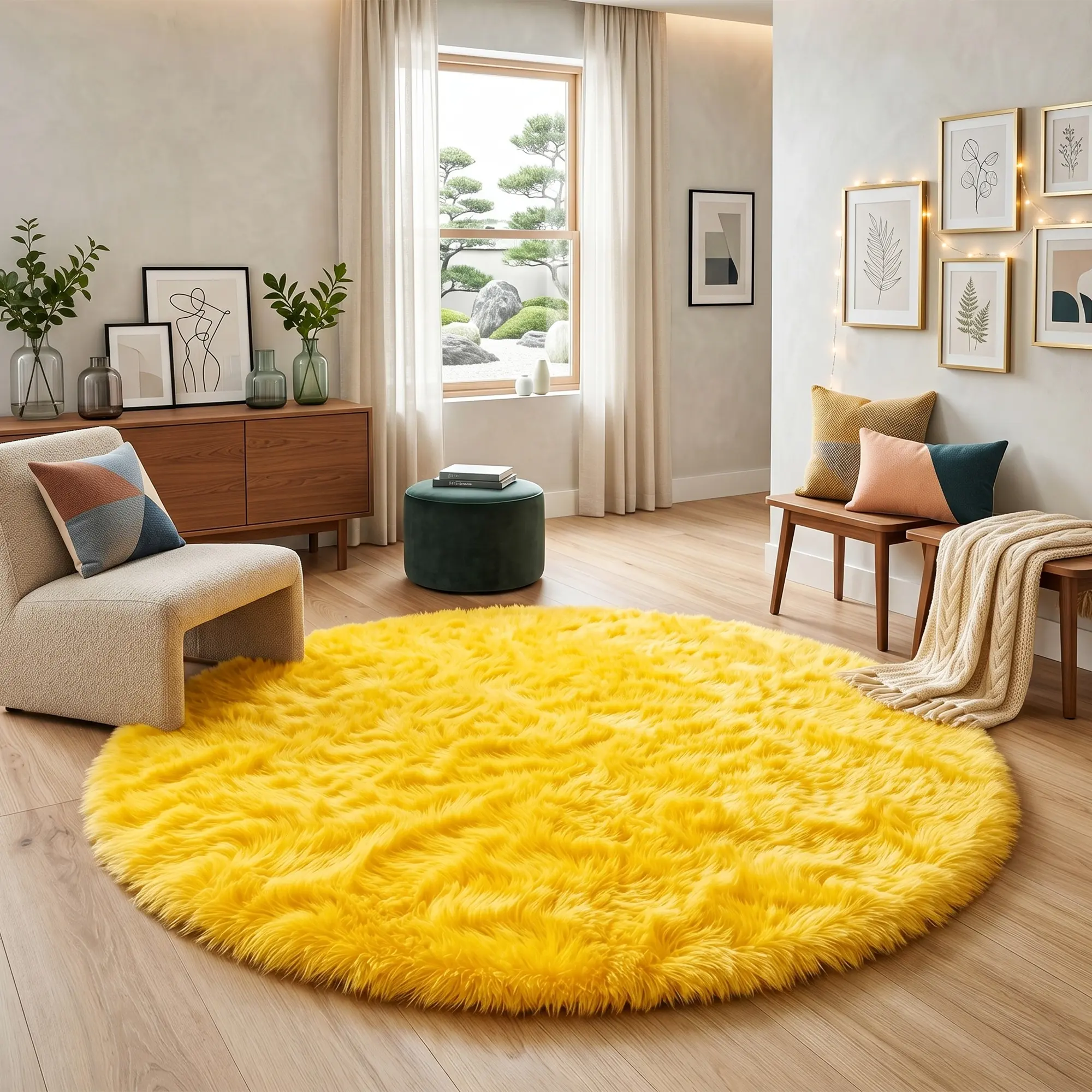 COLLA Modern Classic Round Polyester Fibre Shaggy Accent Rug - Bright Yellow, Fluffy, Durable, Anti-Skid, Super Soft, 4ft/48in/120cm 5ft/60in/150cm Sizes, Indoor Use for Living Room, Bedroom