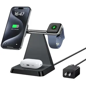 Charging Station for Multiple Devices Apple: 3 in 1 Magnetic Wireless Charger Stand - Nightstand Charging Dock for iPhone 16 15 14 13 12 Pro Max Plus Apple Watch Airpods