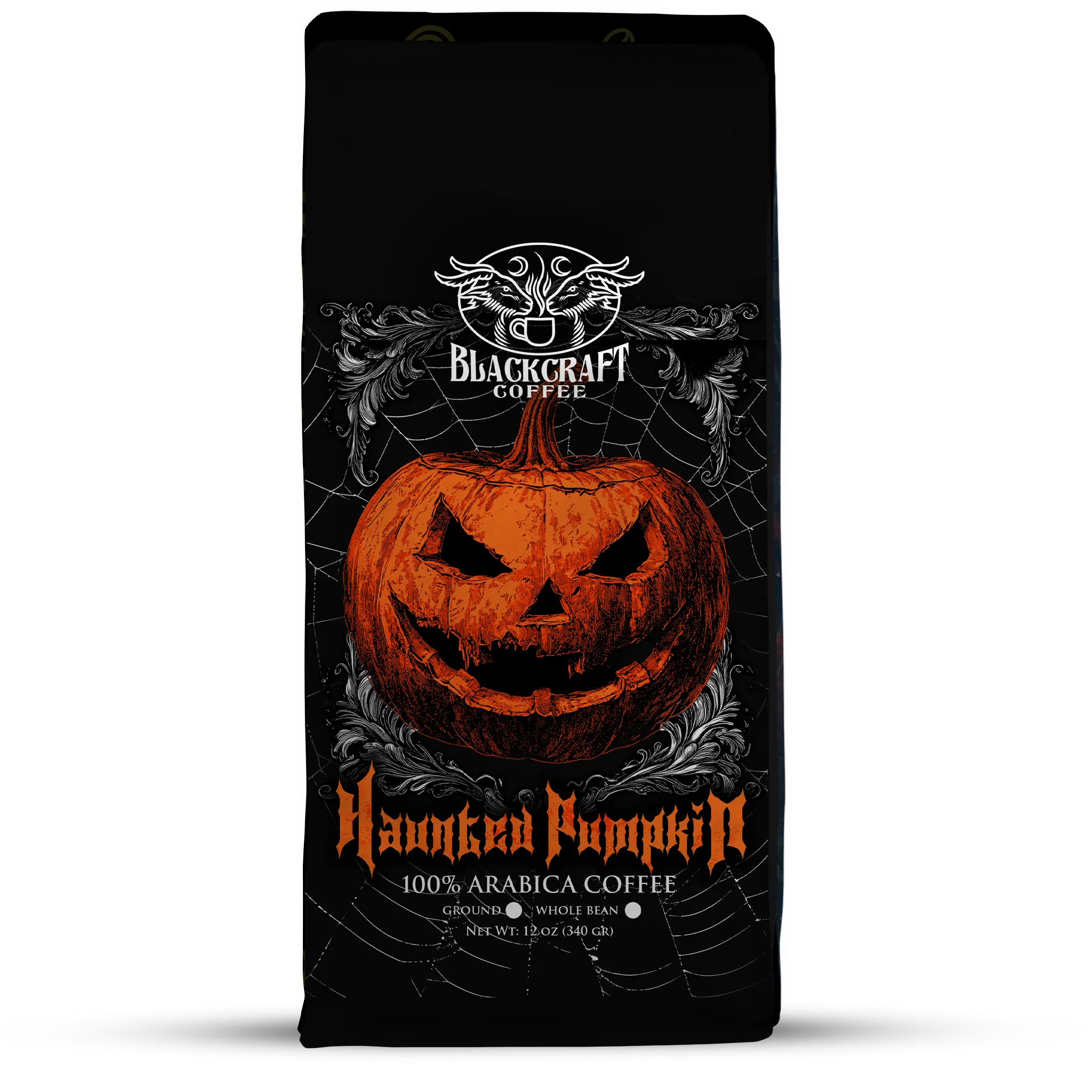 Haunted Pumpkin, a bold and smooth blend that brings a dark twist to your favorite fall flavors. Rich pumpkin and warm cinnamon hit you first, followed by the smooth taste of our 100% Arabica blend that’s roasted to a bold medium dark
