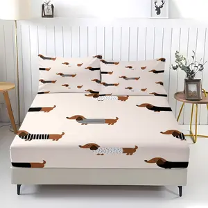 Sausage dog print pattern bed sheet, comfortable print pattern, including 1 bed sheet and 2 pillowcases, comfortable bedding, anti slip dust cover suitable for bedrooms and guest rooms, suitable for children and adults as gifts