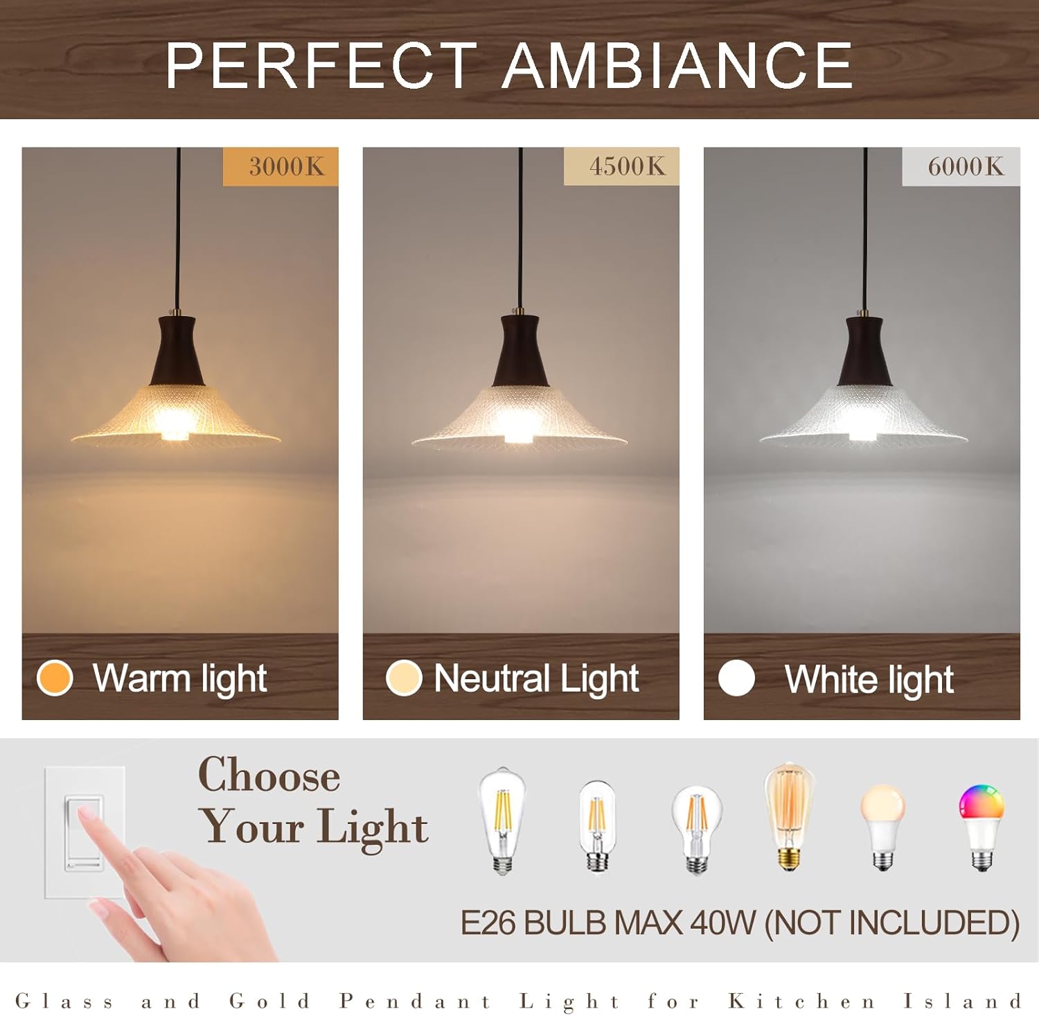 Vintage Kitchen Island Pendant Light Fixtures, Clear Wood & Glass Pendant Lighting, Modern Farmhouse Hanging Light with E26 Base (Crystal+Wood, 1 Pack)