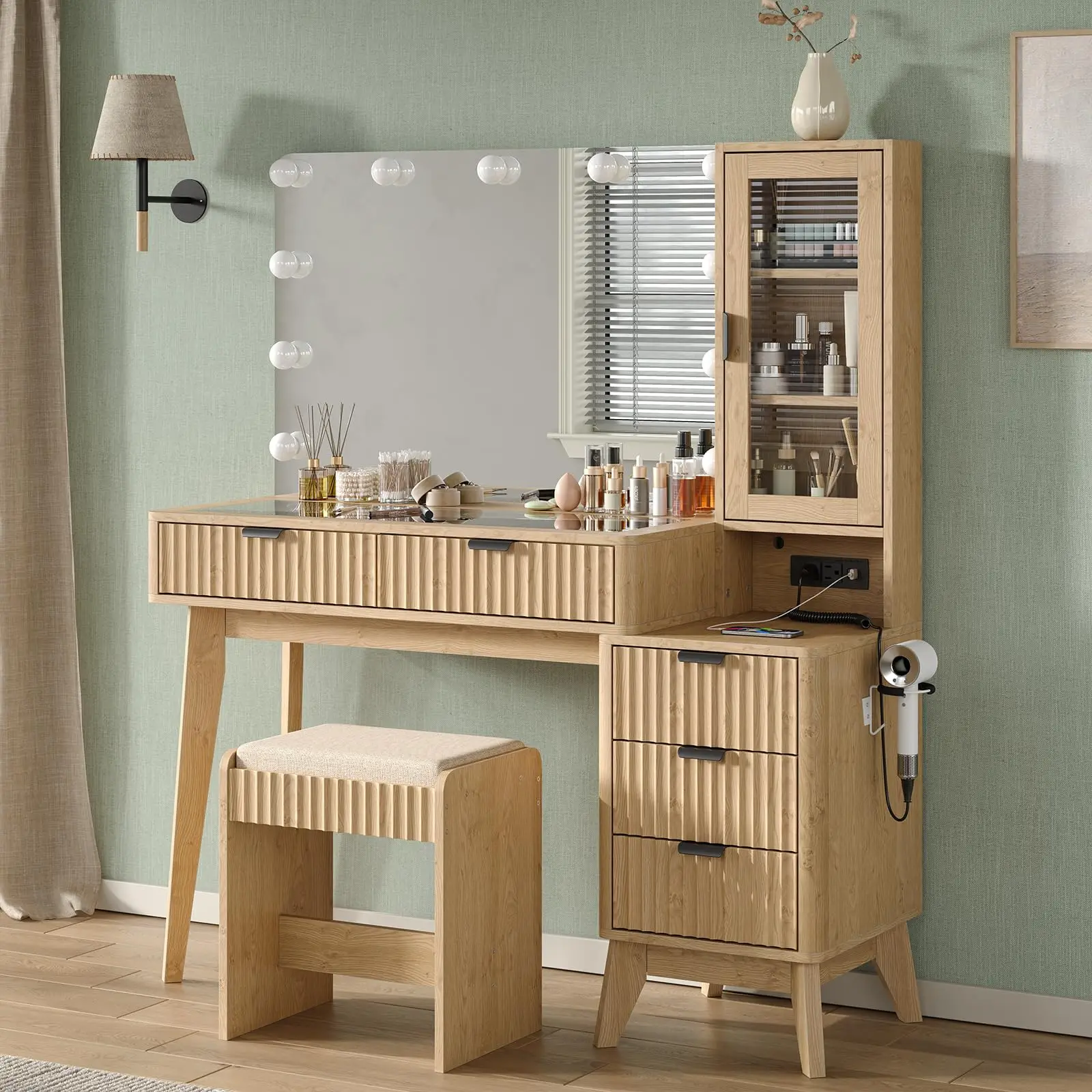 CollaredEagle Modern 53.6" Fluted Makeup Vanity Desk with Large 36" Mirror & LED Lights, Spacious Glass Top Dressing Table with 5 Drawers & Adjustable