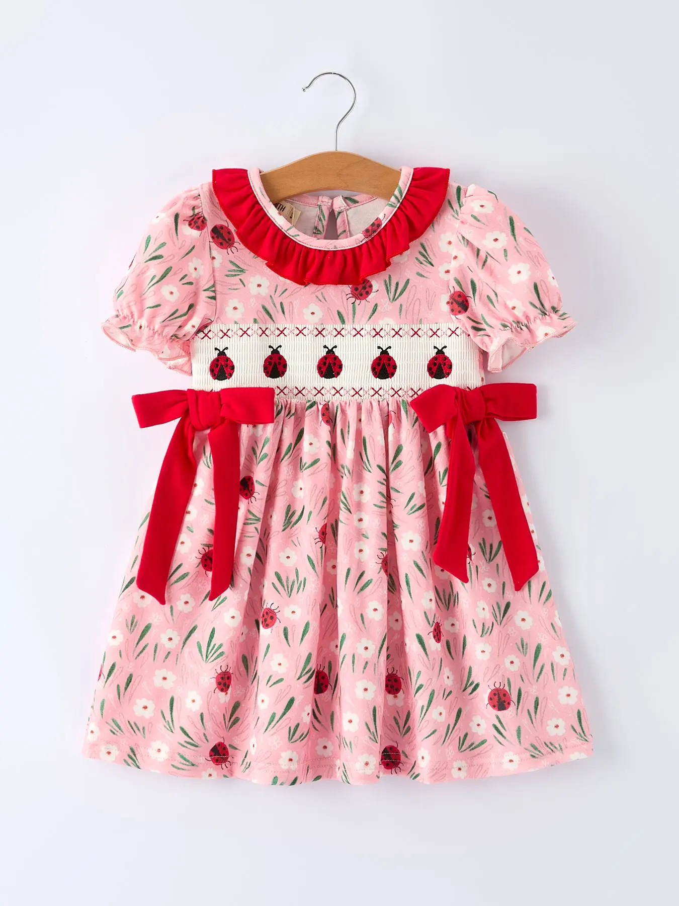Spring Ladybug Smocked Embroidered Girls Dress Little Sister Outfit