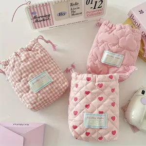 Cute Pastel Drawstring Makeup & Camera Storage Bag - Soft Plush-Like Texture Portable Toiletry Organizer with Heart Cutouts, Red, Unisex Travel for Adults, Compact Gift for Photography & Daily Use (CCD/Polaroid Compatible)