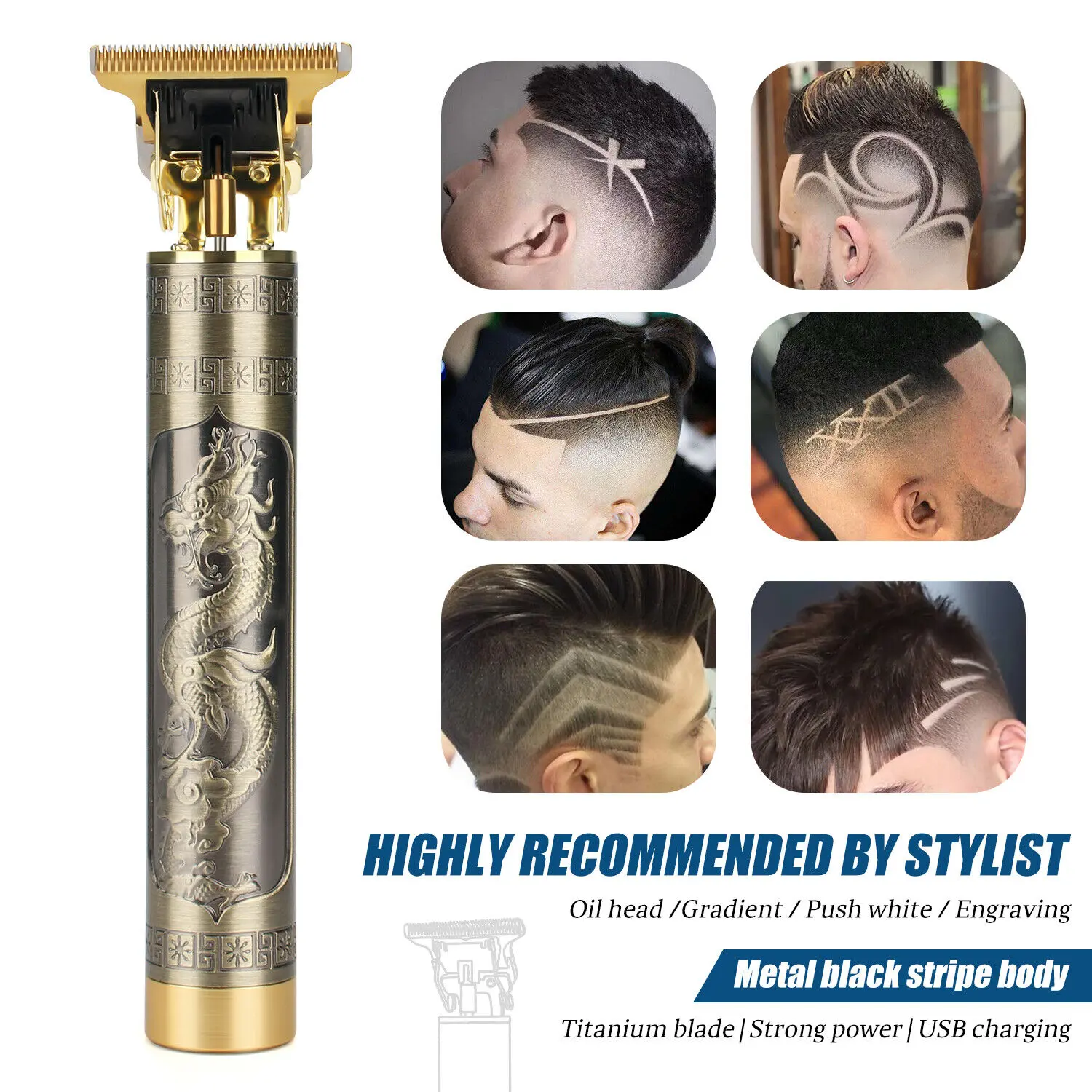 Vintage T-Blade Hair Trimmer for Men, Professional Cordless Beard and Hair Clippers, Ergonomic USB Rechargeable Grooming Kit, Father's Day Gift, Usb Port, Adults, T9 Blade, Global Voltage, Metal, 4X Limit Combs, Brush, Water Proof, Stainless, Steel