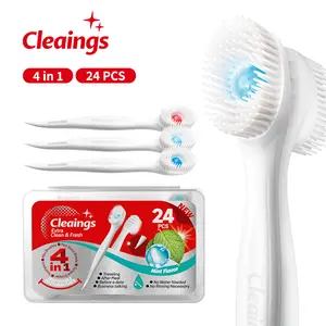 Cleaings 4-in-1 Portable Mini Brushes Set with Toothpaste Toothbrush Toothpick & Tongue Scraper Mint Flavor 24 Count Capsule Oral Care Solution