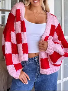 Checkered Open Front Long Sleeve Cardigan