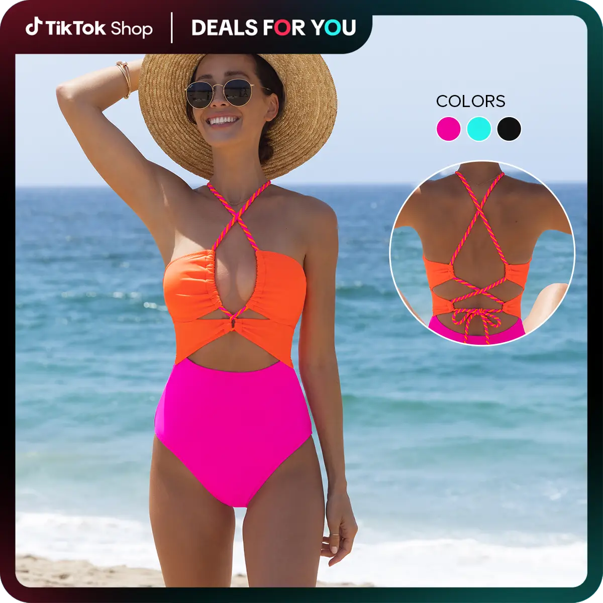 Popvil Color Block Front Cutout One Piece Swimsuit Tummy Control High Waisted Neon Swimsuit with Back Strap,Neon One Piece for Women,dealsforyoudays