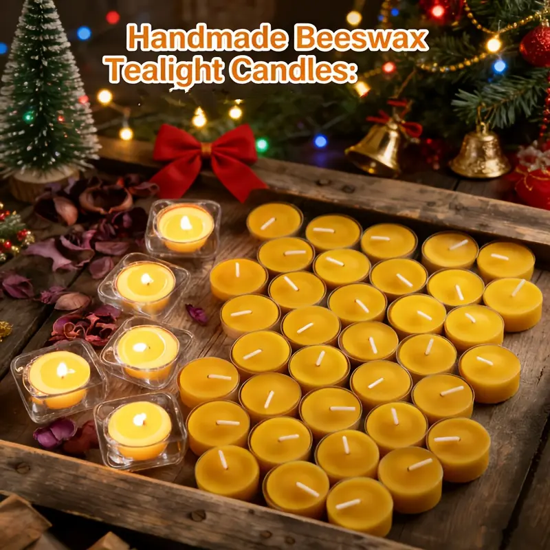 12pcs yellow handmade pure beeswax tealight candle set non-additive hand poured natural wax ambient ritual tealight souvenir gift for halloween christmas valentine meditation home decor