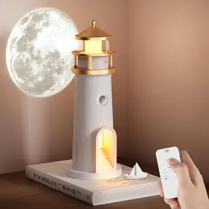 Moonlight Lighthouse Design Projection Atmosphere Night Light, Led Dimmable, 2 Light Modes and 4 Levels Brightness Adjustment, with Remote and Timer, 2400mAh Battery, Creative Room Art Decoration Lamp, Great Gift for Lovers