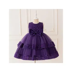 Girls' Sequined Princess Wedding Dress |   Elegant Slight Stretch Fabric, Regular Fit, Contrast Lace Details, Floral Pattern, Perfect for Spring/Summer