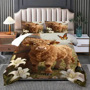 Natural Ecological Highland Cow Pattern Bedding Set, Including 1 Comforter And 1 Or 2 Pillowcases Without Pillow Inserts, Bedroom Decoration Gift