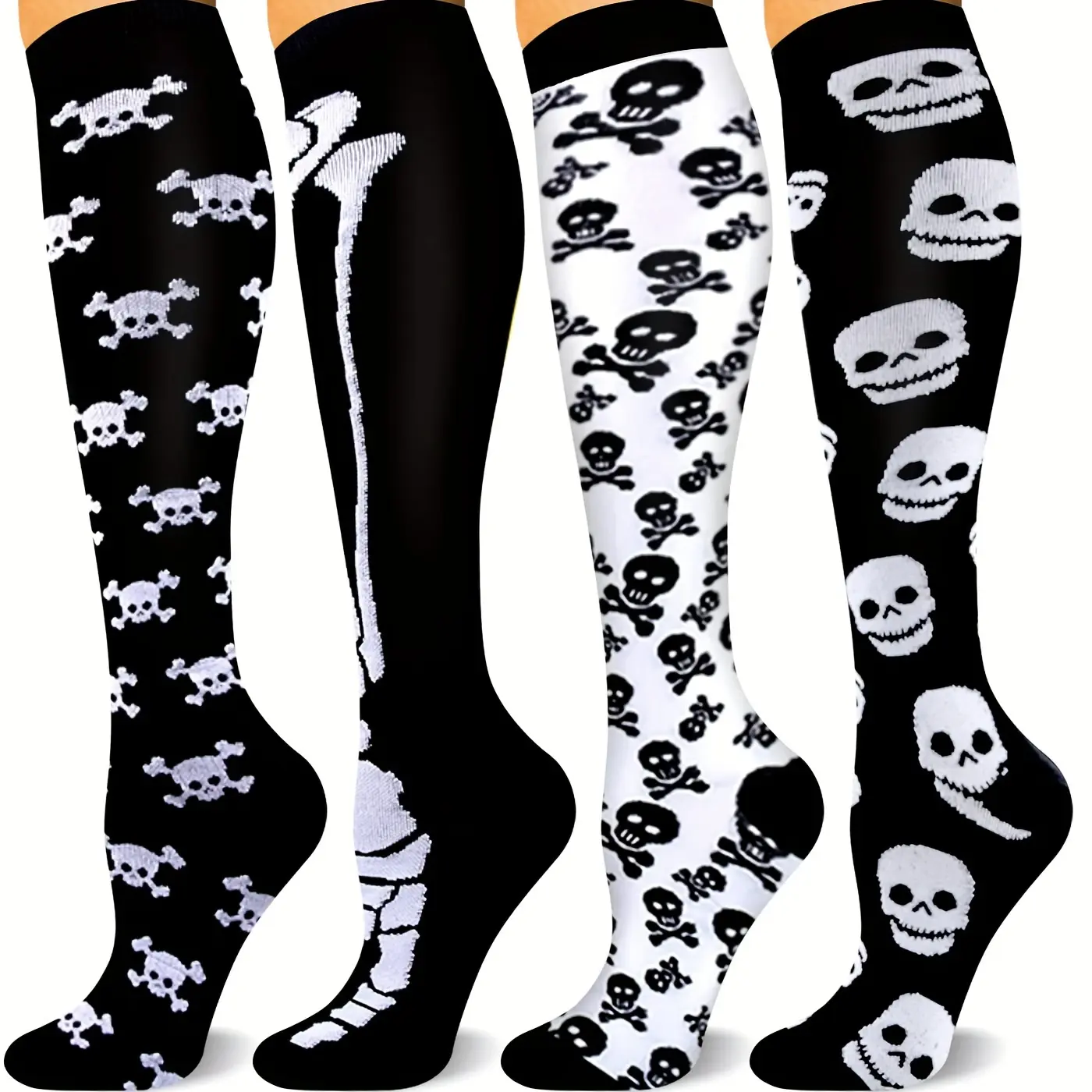 4 Pairs of Spooky Halloween Skull Print Compression Knee High Socks - Soft Nylon Knit Fabric, Gothic Cosplay Design, Womens Stockings & Hosiery for Comfortable Everyday Wear