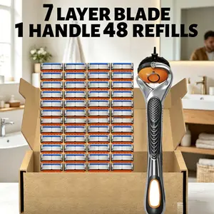Men's Quality-Upgrade 7-Blade Razor Large Pack Set - Reinforced Metal Non-Slip Handle, Reed Extract Lubricating Strip for Smooth Shave, Includes 12/24/48 Replacement Blades, Suitable for Face & Body Equipped With a lubricating strip for a smoother shave