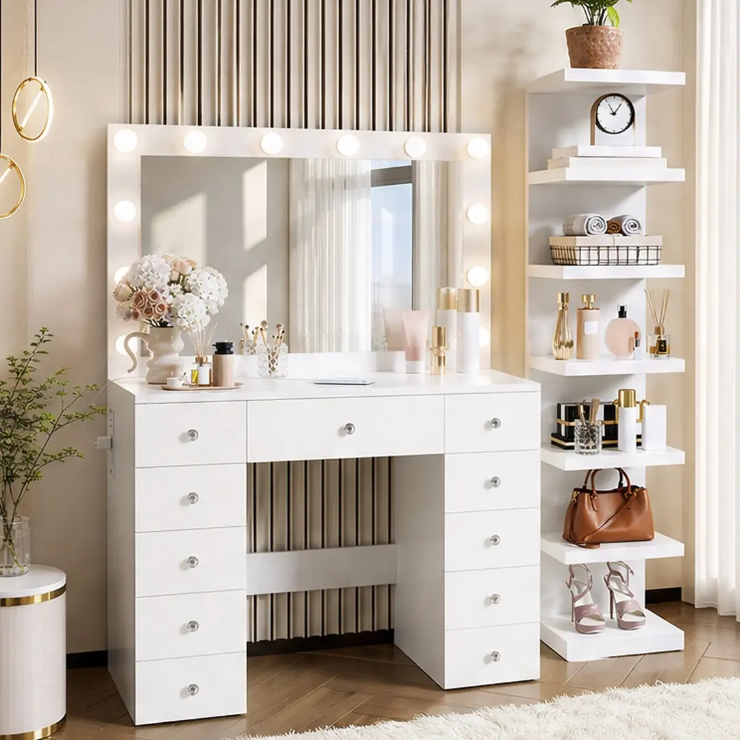 ARCH White Glam Hollywood Lighted Mirror Makeup Vanity Desk Set - 11 Drawers, 7-Tier Shelf, 2 Plug Sockets, USB Ports, 3 Color Lighting Modes, Crystal Handles, MDF & Tempered Glass, 175.38 lb, Bedroom Storage Organizer, Led Light Center Makeup Vanities