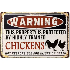 Funny Chicken Coop Sign - "Warning: Property Protected by Chickens" Decorative Metal Sign for Farm, Home, or Garden 12*8 inch Tin Decoration Signage Rustic Farmhouse Design