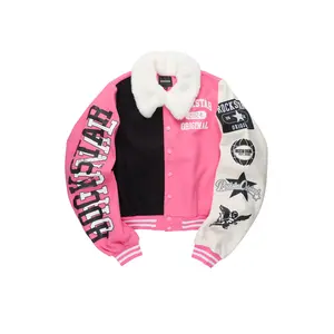 Kisha Pink/Black/White Fur Collar Varsity Jacket Kisha Pink/Black/White Fur Collar Varsity Jacket