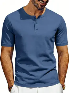 Men's Classic Henry Neck Shirt, Short Sleeve Casual Summer Top, Soft Multi-Purpose Pure Color Henley Sportswear, 7 Colors Available