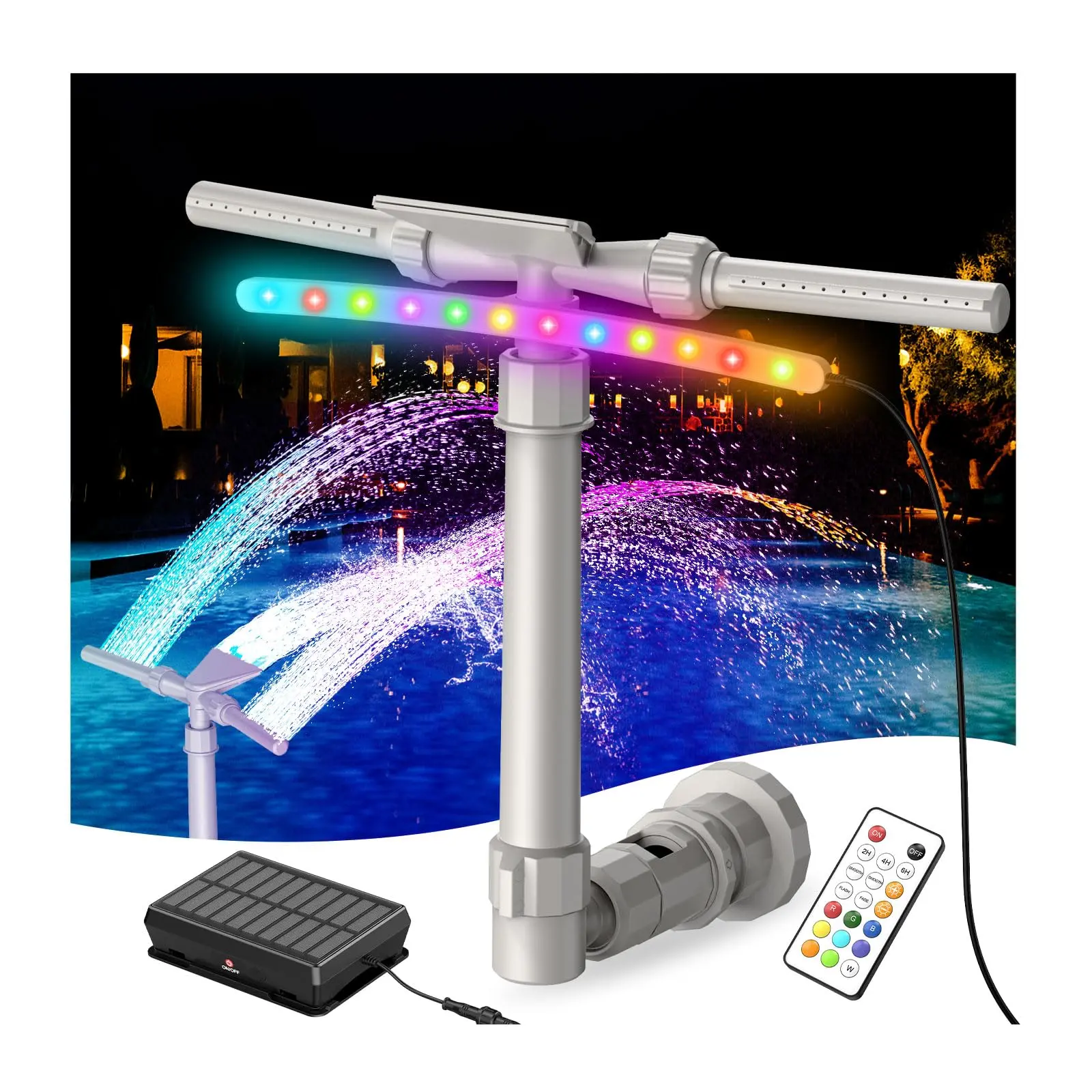 XJUGEZ Solar Powered Pool Fountain with 9-Color LED Lights & RF Remote, 360° Adjustable Water Sprinkler for Above-Ground Pools, 2 Splash Modes, 1.1 kg, 6.77"l x 4.3"w x 14.17"h