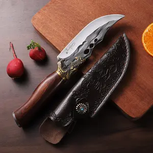 Multi-Purpose Forged Dragon Design Utility Knife, High Carbon Steel Blade with Wood Handle & Leather Sheath, Ideal for Camping & Kitchen Use