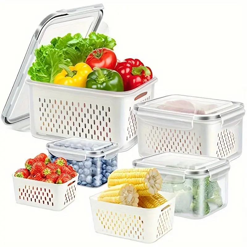 Japanese-Style Plastic Double-Layer Draining Basket Kitchen Food Storage Set of 6 - Multifunctional Preserving Box, Reusable Airtight Strainer, Microwave-Safe Refrigerator Freezer-Safe Meat Holder with Perforated Holes, Food Cover