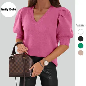 Imily Bela Women's Puff Short Sleeve Sweater Tops 2023 Spring Summer Trendy Square Neck Casual T Shirts Blouses