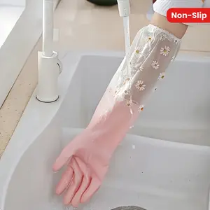 1 Pair of Long Sleeve PVC Cleaning Gloves, Waterproof Kitchen Dishwashing Gloves, Non-Slip Household Gloves, Durable Rubber Gloves, Cleaning Supplies and Tools.