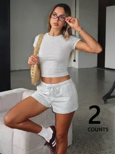 2-Piece Women's Slim-Fitting Short Sleeve T-Shirt and Shorts Matching Set, Casual Basic Street Style for Spring & Summer, Soft Knit Fashion, Womenswear Clothes