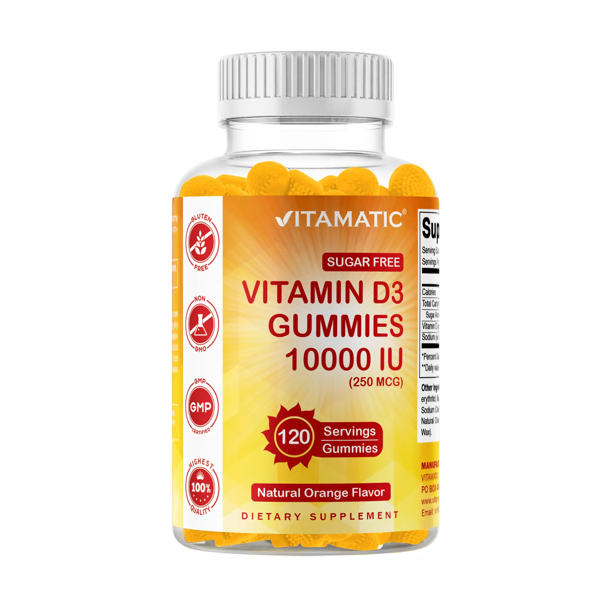 Vitamatic FDA Registered Sugar-Free Gluten-Free Chewable Vitamin D3 10000 IU Pectin Gummies - 120 Pieces, Orange Flavor, Non-GMO, US-Made, 24 Months Shelf Life, Strong Bones & Immune Support, Adult Nutrition Supplements