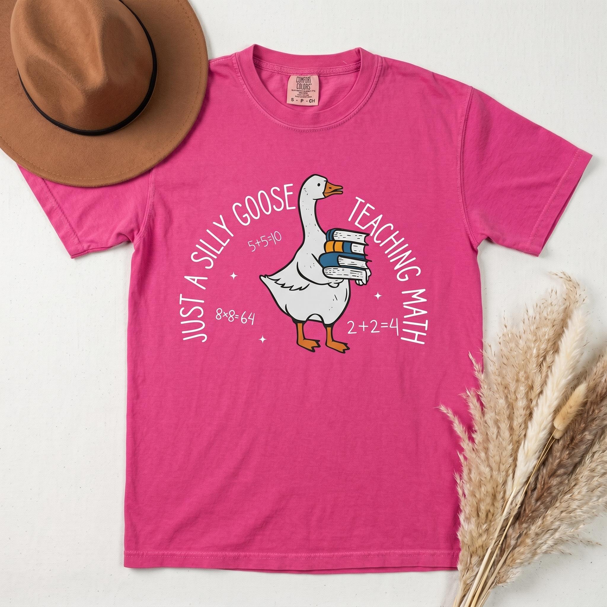Just A Silly Goose Teaching Math Comfort Colors T-Shirt – Funny Teacher Tee, Math Student Gift, Elementary School Mathematician Shirt, Math Department Tee