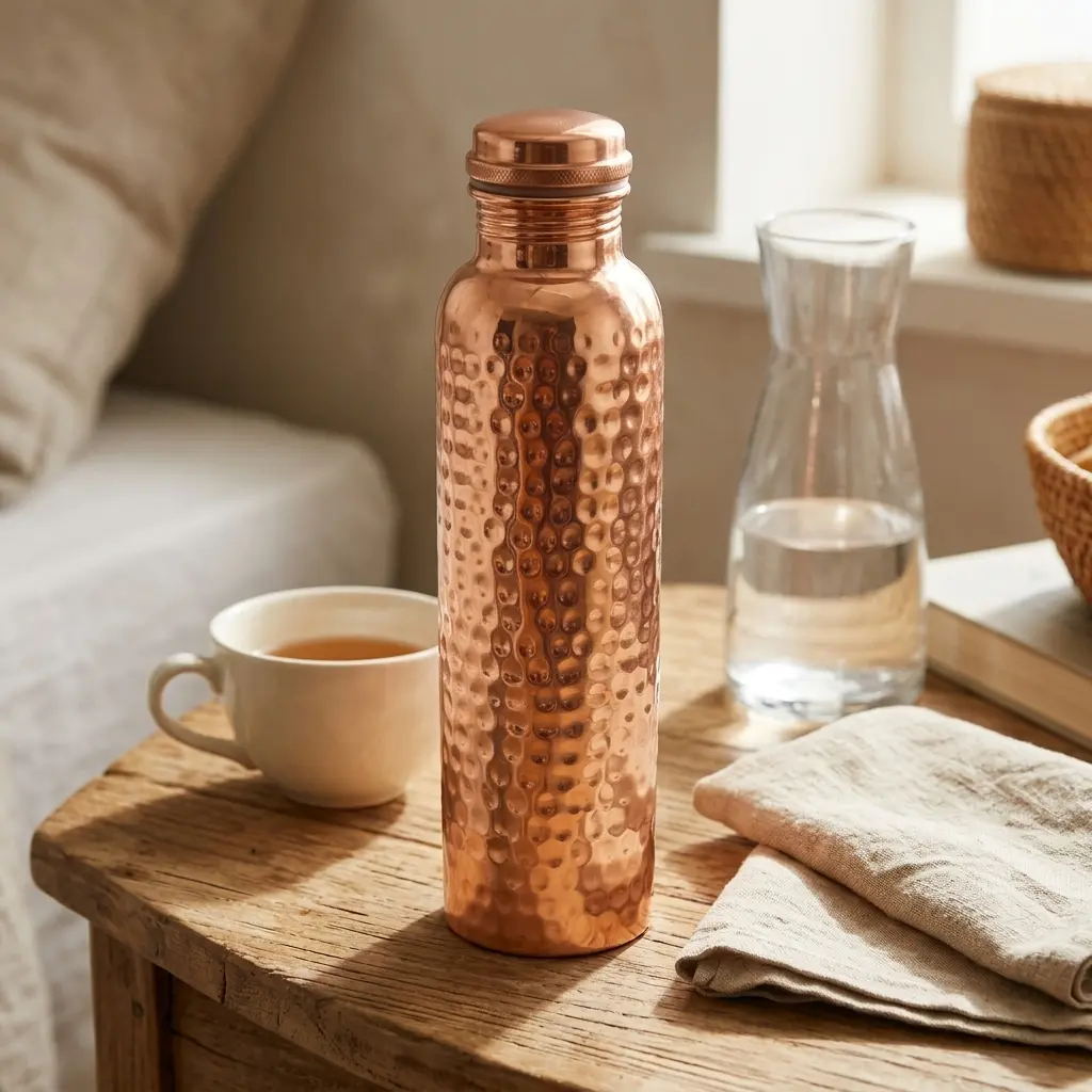 100% Pure Copper Water Bottle - Handmade Hammered Traditional Kitchenware Drinkware, Portable Reusable Leakproof Ayurvedic Drinking Bottle with Lid, Gift Box Included