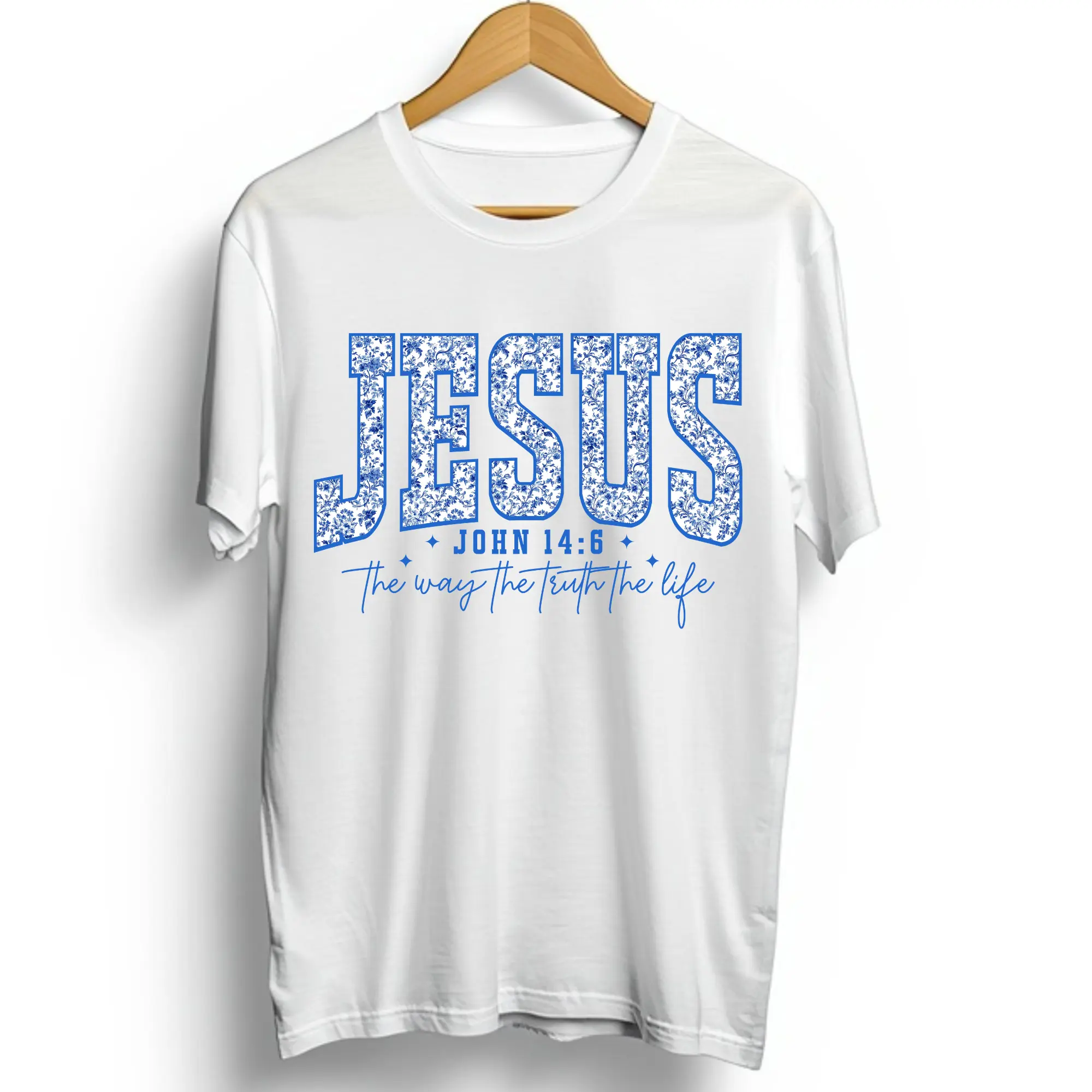 Jesus John 14:6 Blue Floral Letters  Direct To Film Print, DTF Print, Ready To Press Print For T-Shirts