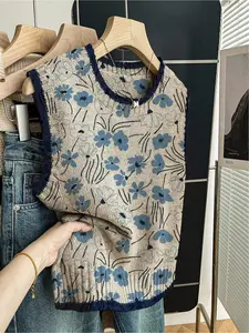 1 piece + Spring/Summer Back-to-School Casual Style Loose Round-neck Sleeveless Knitted Blouse, Boho Floral Print, in Dark Blue with Stripes and Patchwork of Blue Flowers, Women's Top, to be paired with a vest, can be worn alone