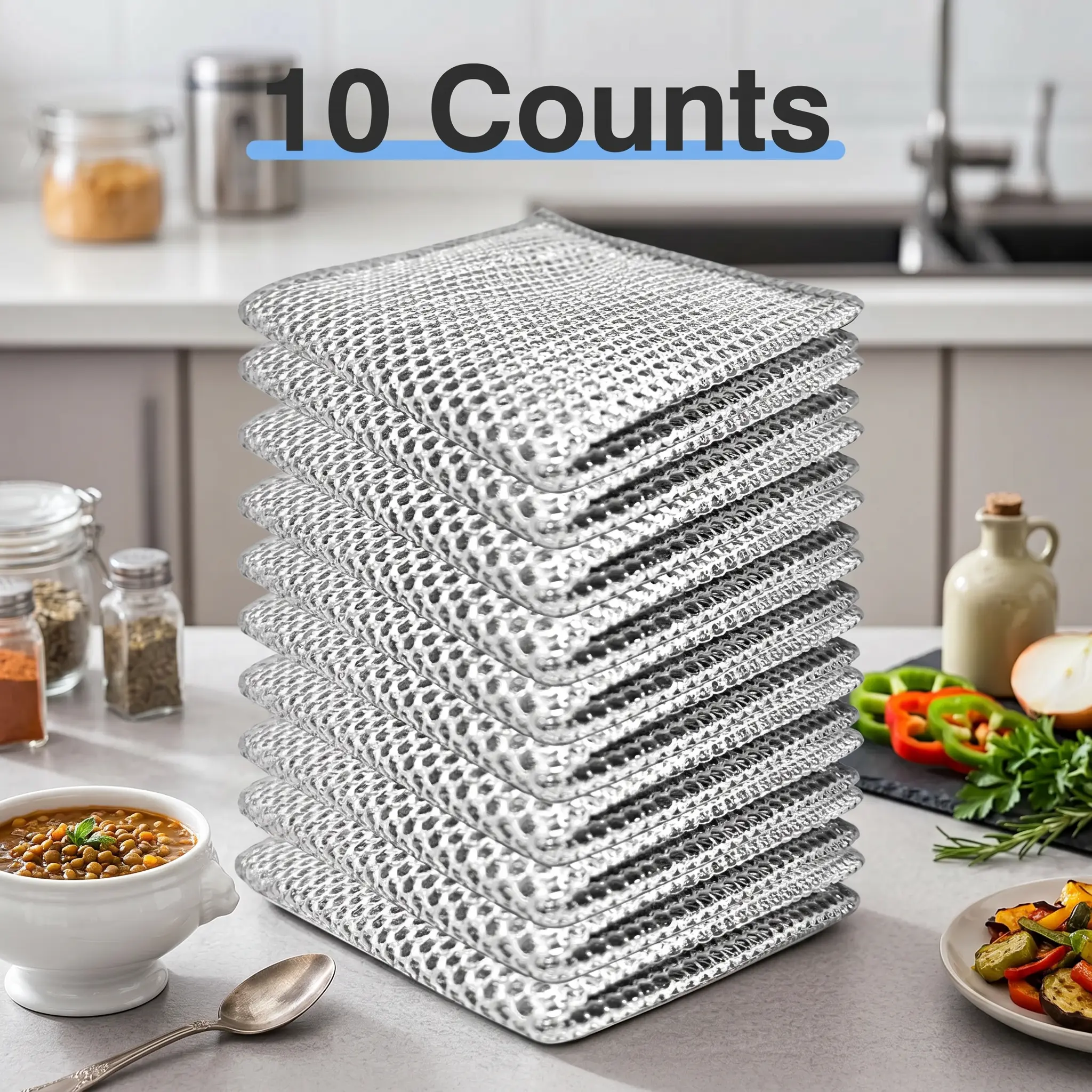 10-Count 2-Layer Metal Wire Mesh Cleaning Cloths, Non-Scratch Scratch Resistant Reusable Washable Multi-Surface Cleaning Cloths for Kitchen Dish Washing, Home Care Wipe Clean