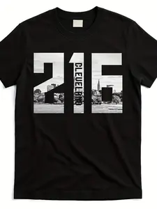 Men's & Women's Vintage Cleveland Ohio 216 Area Code T-Shirt - 220gsm Pure Cotton Short Sleeve Tee with Cleveland Skyline Graphic, Retro CLE City Print for locals & visitors, Machine Washable Casual Apparel