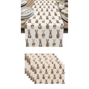 7pcs,Easter Bunny Table Runner Set, Heat Resistant Linen Placemats, Spring Heart Bow Rabbit Cushion Covers, Kitchen Dining Mats, 7 Piece