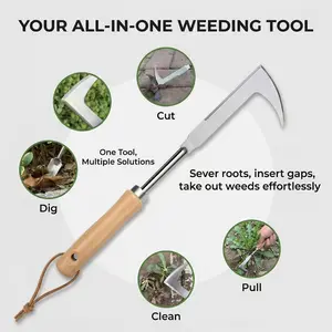 The Only Tool You Need for Stubborn Driveway Weeds! 13" L-Shaped Crevice Weeder, Stainless Steel Manual Weeding Hook with Beech Wood Handle