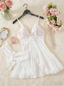 1 Set Women's Sexy Adjustable Spaghetti Strap Ruffle Trim Cami Nightdress & Bow Decor Panty Set, Comfortable Floral Lace See Through Sleepwear, Bow Decor Ruffle Trim Wrap Cami NightDress, Suitable for Gift to Her & Valentine's Day, Loungewear