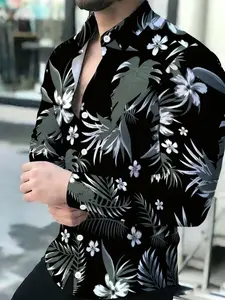 Men's Fitted Bottom Floral Leaf Tropical Print Long Sleeve Shirt, Casual All over Print, Long Sleeve, All Seasons, Flower