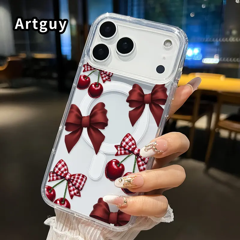Magnetic Phone Case Supports Wireless Charging Phone Case for iphone 17 Pro Max 16 Plus 15 14 13 12 11 Air XR E Cherry Bow Heart Pattern Non-Yellowing Shockproof Clear Slim Protective Softcase Transparent Acrylic Large Hole Cover